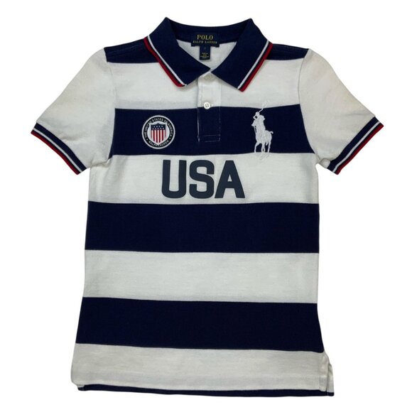 Polo Ralph Lauren Boy's Big Pony USA Polo Shirt 7 Blue White Striped Logo Preppy - Picture 1 of 12